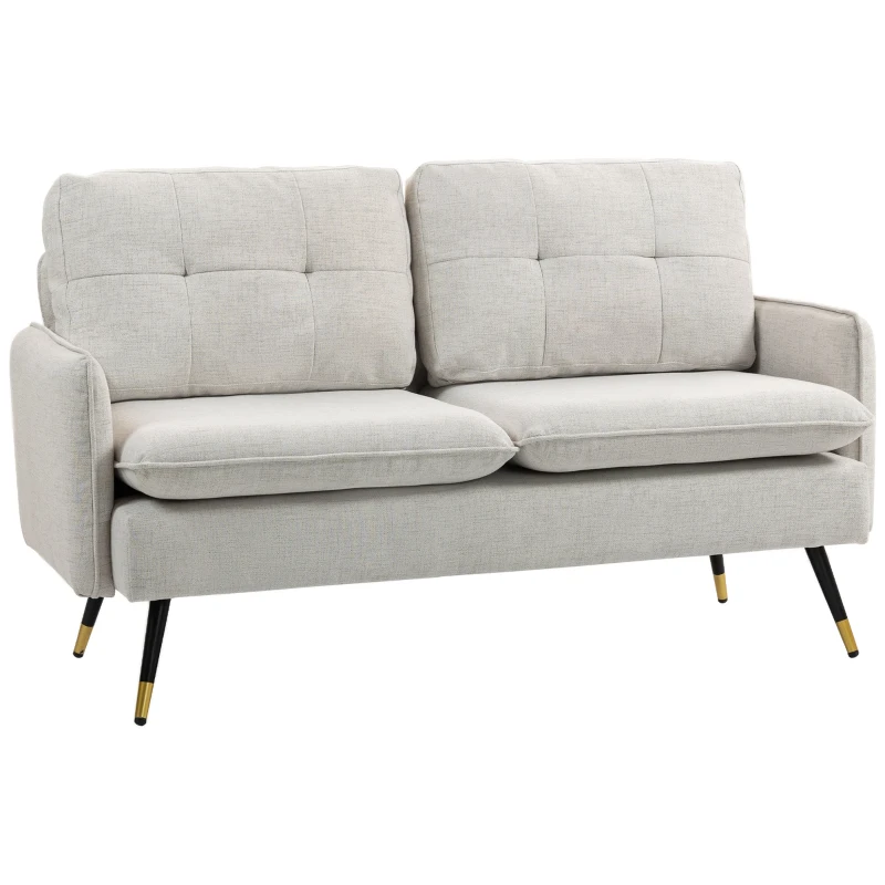 HOMCOM Divano 2 Posti in Tessuto Effetto Lino con Gambe in Acciaio e Cuscini Imbottiti, 139x68x80 cm, Bianco Crema