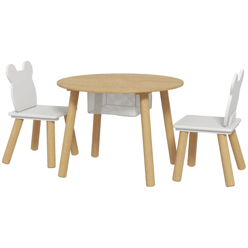 AIYAPLAY Set con Tavolo e 2 Sedie per Bambini con Schienale a Orsetto, Tavolino con Vano Contenitore, Bianco e Legno