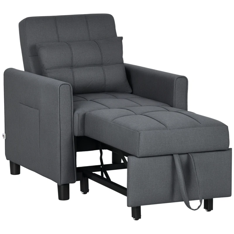HOMCOM Poltrona convertibile 3 in 1, con schienale regolabile in 3 posizioni e cuscino incluso, 2 tasche laterali 69x82x85 cm, Grigio