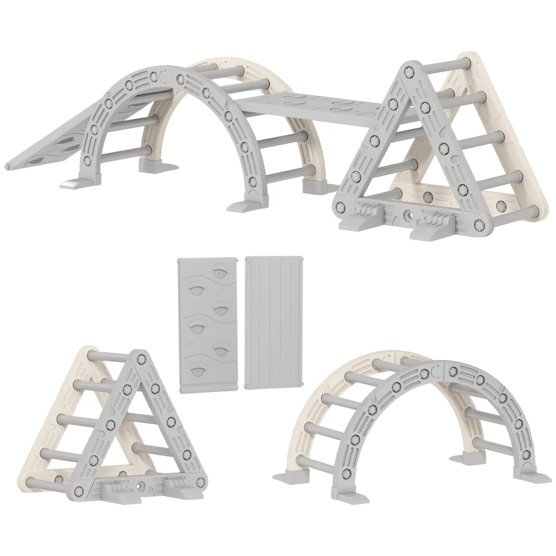 AIYAPLAY Struttura da arrampicata 5 in 1 con scivolo, arco da arrampicata, rampa doppia, per bambini di 18-48 mesi, Grigio e Bianco