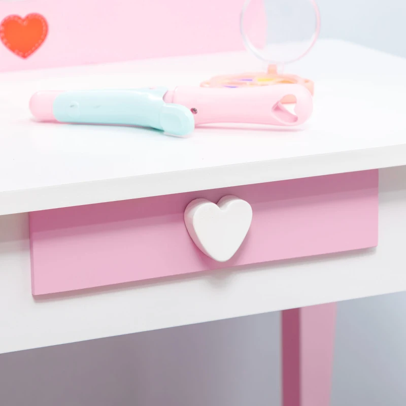 ZONEKIZ Toucador Infantil de Madeira com Banco Espelho e Gaveta Mesa de Maquilhagem para Crianças entre 3-6 Anos 50x36,5x89,5cm Rosa