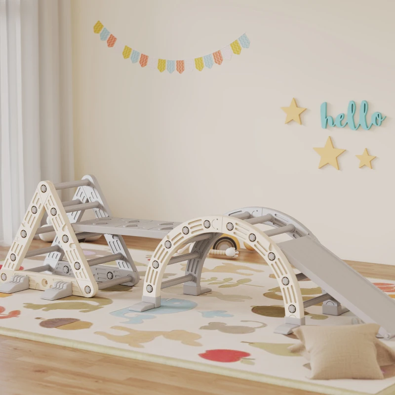 AIYAPLAY Estructura de escalada de interior, 5 en 1 Escalada con Tobogán, Arco de Escalada, Plataforma de Doble Cara, Parque Infantil Indoor para Niños de 18-48 Meses, Gris+Blanco
