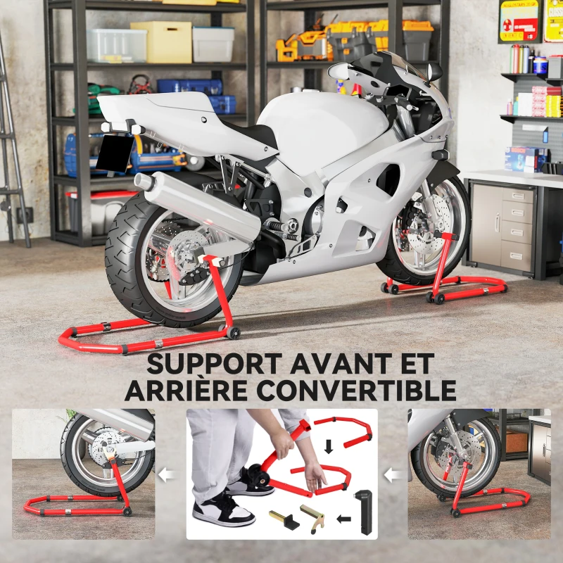 HOMCOM Béquille roue avant arrière charge 390kg béquille d'atelier moto bras réglable en acier, fourche en forme de U + L rouge