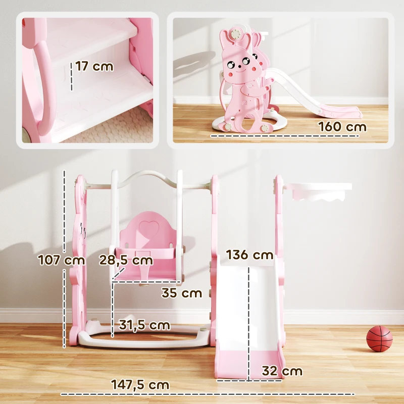 AIYAPLAY Tobogán y columpio para niños 4 en 1 con cesta de baloncesto, tobogán, columpio, 147,5x160x107cm, rosa