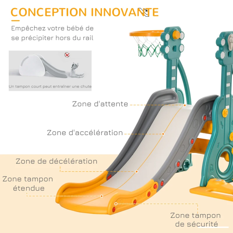 HOMCOM Toboggan et balançoire pour enfants 4 en 1 avec panier de basket, siège réglable, 152x149x107cm, bleu et jaune(m-5)