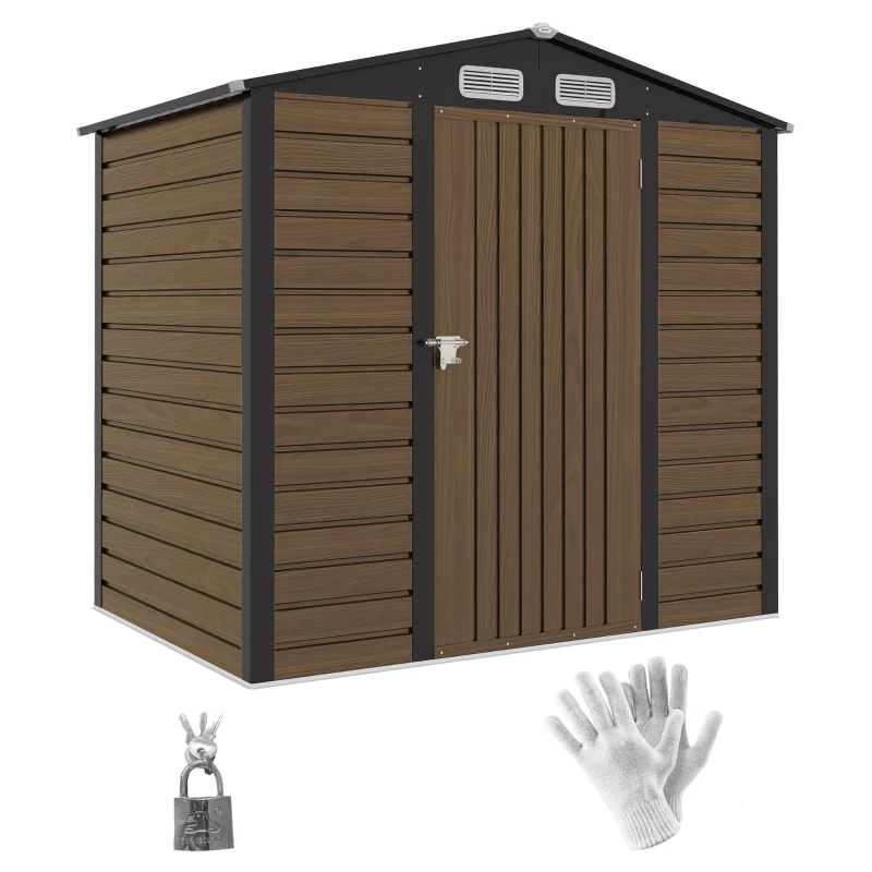 Outsunny Casetta da Giardino in Acciaio con Prese d'Aria e Catenaccio, 1.9x1.3m, Colore Quercia(m-1)