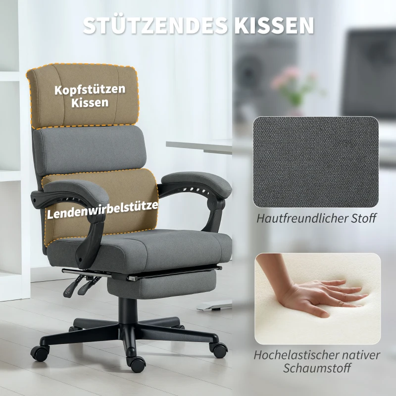 HOMCOM Gepolsterde bureaustoel met lendenkussen en hoofdsteun, in hoogte verstelbaar, rolstoel, Grijs(m-4)