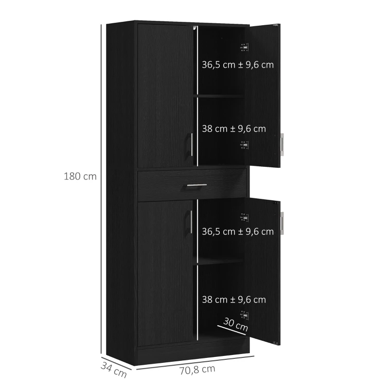 HOMCOM Highboard Küchenschrank 4 Türen 2 Schränke und 1 zentrale Schublade Höhe 180 cm mit 2 höhenverstellbaren Regalen Schwarz