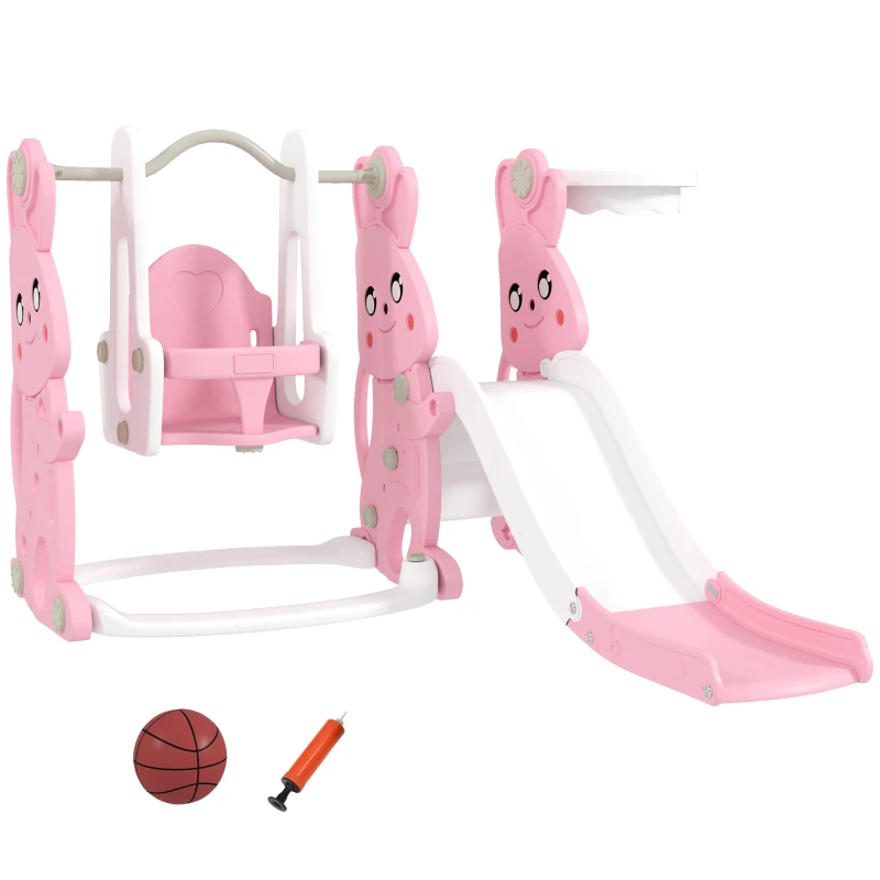 AIYAPLAY Scivolo e altalena per bambini 4 in 1 con cestino da basket, scivolo e altalena, 147,5x160x107cm, Rosa