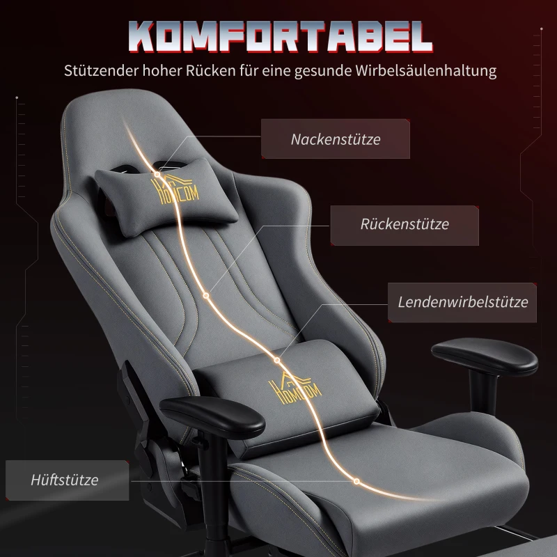 HOMCOM Ergonomische Gaming-Stoel met 3D-Armleuningen, verstelbaar, rolstoel bureau stoel met Lendensteun, Grijs(m-4)