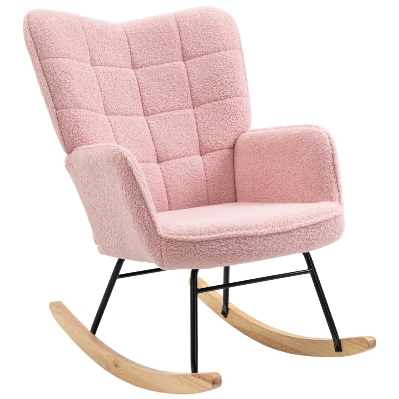 HOMCOM Accent Rocking Chair, Berber Fleece Nursery Glider Rocker, Modern Armchair, Wingback Chair for Living Room, Pink(m-11)