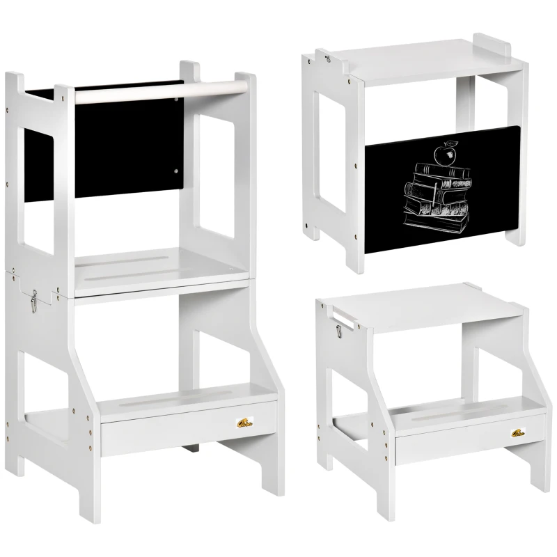 HOMCOM Scala Montessori 3 in 1 per Bambini con 1 Lavagna e Bordi Alti di Sicurezza, in Legno, 42x44x86 cm, Grigio