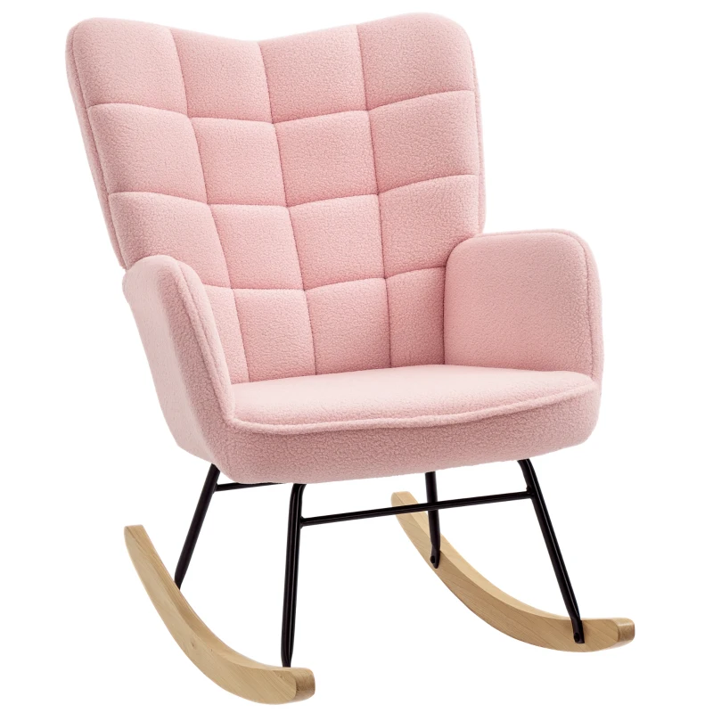 HOMCOM Accent Rocking Chair, Berber Fleece Nursery Glider Rocker, Modern Armchair, Wingback Chair for Living Room, Pink(m-10)