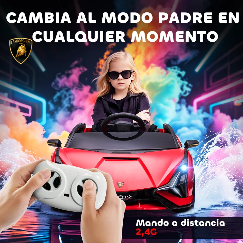 HOMCOM Coche Eléctrico para Niños de +3 Años Lamborghini SIAN Coche de Batería 12V con Mando a Distancia Apertura de Puerta Música MP3 USB y Faros 3-5 km/h 108x62x40 cm Rojo(m-5)