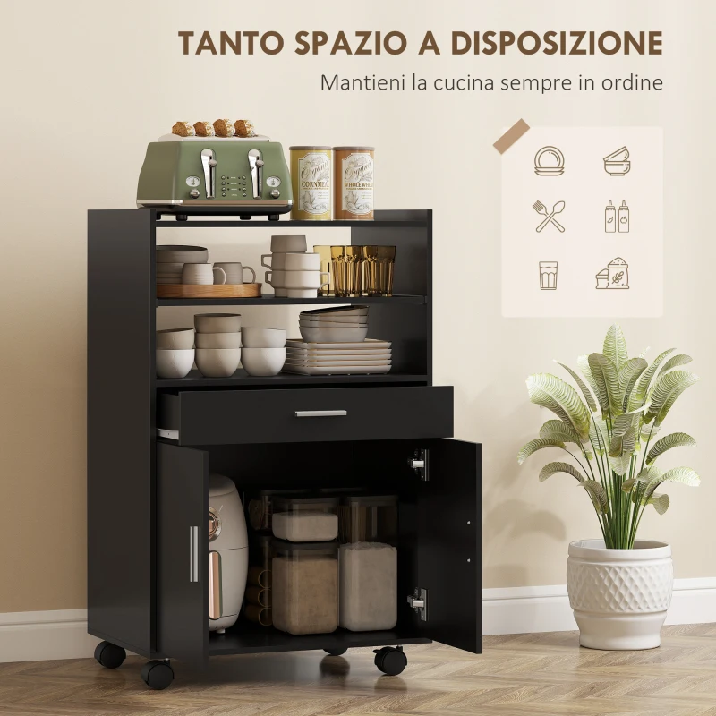 HOMCOM Mobile Microonde in Legno con Cassetto, Armadietto a 2 Ante e 2 Ripiani, 59x40x92 cm, Nero