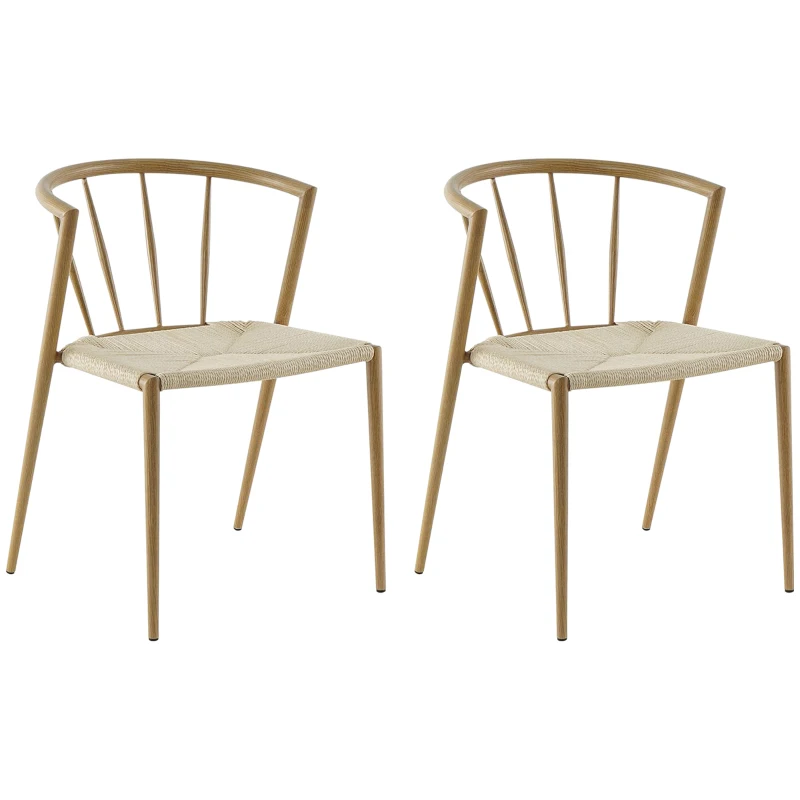 HOMCOM Pack de 2 Sillas de Comedor Moderno con Asiento de Cuerda de Papel Sillas de Cocina Apilables 51x51x71 cm Roble y Crema