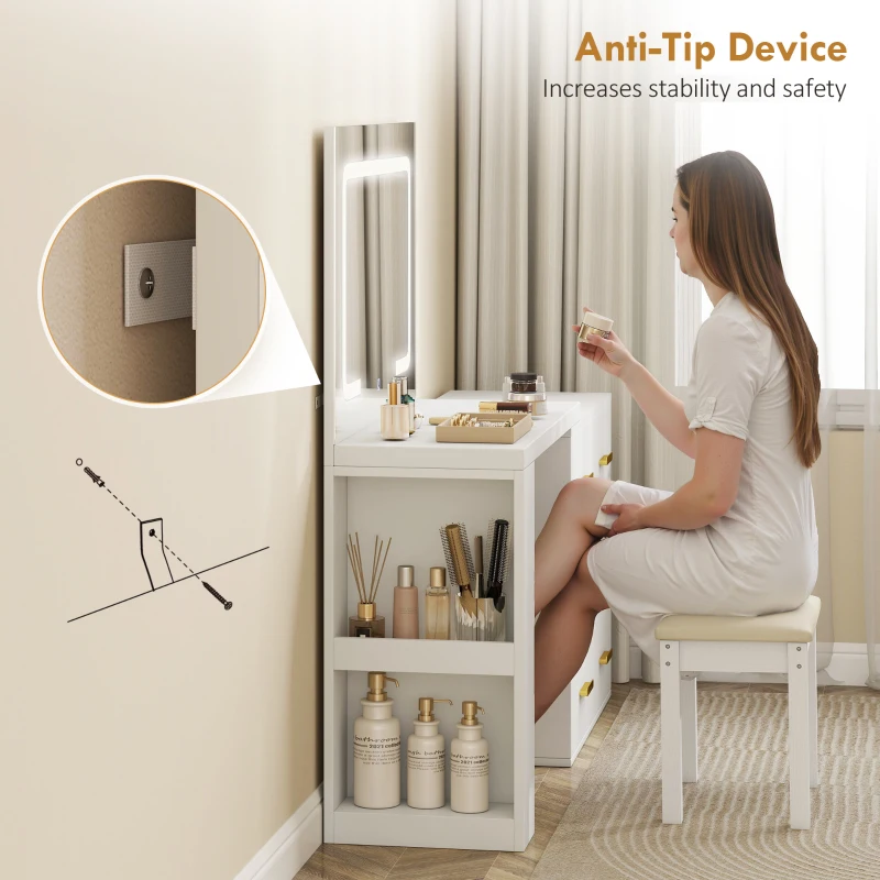 HOMCOM Coiffeuse de Chambre avec Miroir et Lumières LED Réglables, 6 Tiroirs, 2 Étagères et Prises Électriques, Blanc