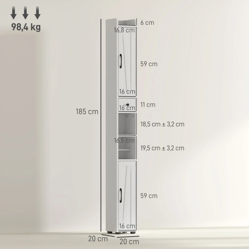 HOMCOM Hochschrank Badezimmer, Badezimmerschrank Säule, 2 Türen, Schublade, verstellbare Regale, 20x20x185cm, Weiß