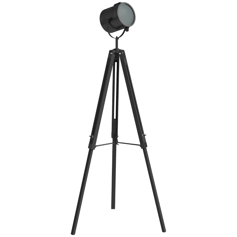 HOMCOM Industrial Tripod Floor Lamp, Nautical Searchlight with Adjustable Height, Wood Legs, E14 Lamp Base for Living Room, Bedroom, Black