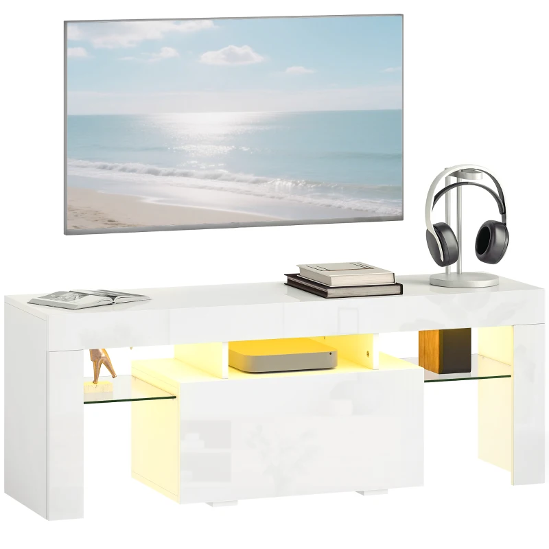 HOMCOM Mueble TV, mueble tele con iluminación LED RGB, alto brillo, estantes de vidrio templado, 120x34x45cm, blanco