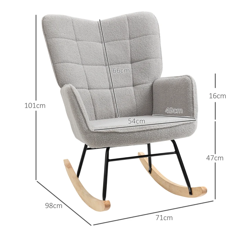 HOMCOM Accent Rocking Chair, Berber Fleece Nursery Glider Rocker, Modern Armchair, Wingback Chair for Living Room and Bedroom, Grey(m-3)