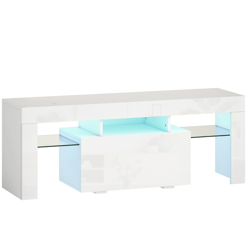 HOMCOM TV-Möbel, TV-Ständer mit RGB-LED-Beleuchtung, Hochglanz, gehärtete Glasregale, 120x34x45cm, Weiß