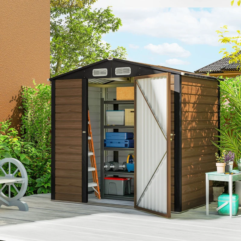 Outsunny Casetta da Giardino in Acciaio con Prese d'Aria e Catenaccio, 1.9x1.3m, Colore Quercia(m-2)