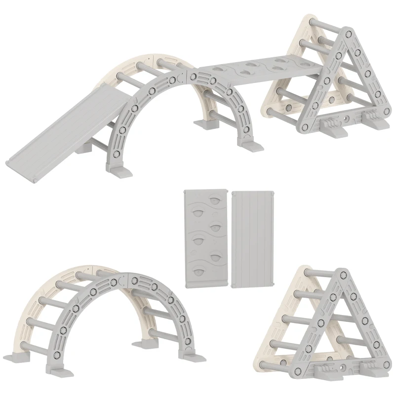 AIYAPLAY Estructura de escalada de interior, 5 en 1 Escalada con Tobogán, Arco de Escalada, Plataforma de Doble Cara, Parque Infantil Indoor para Niños de 18-48 Meses, Gris+Blanco