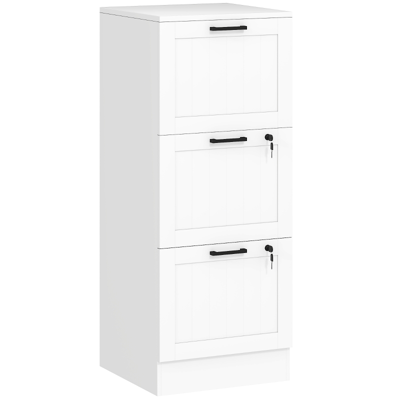 HOMCOM Mobiletto scrivania in legno con 3 cassetti, serratura e guide regolabili, 40 x 40 x 101 cm, Bianco