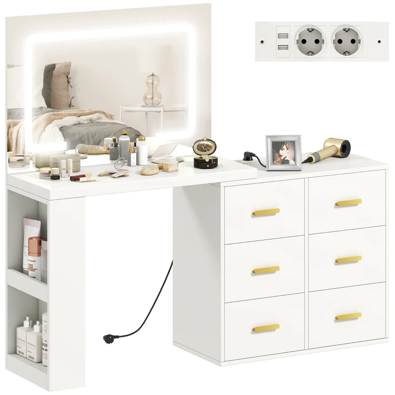 HOMCOM Coiffeuse de Chambre avec Miroir et Lumières LED Réglables, 6 Tiroirs, 2 Étagères et Prises Électriques, Blanc