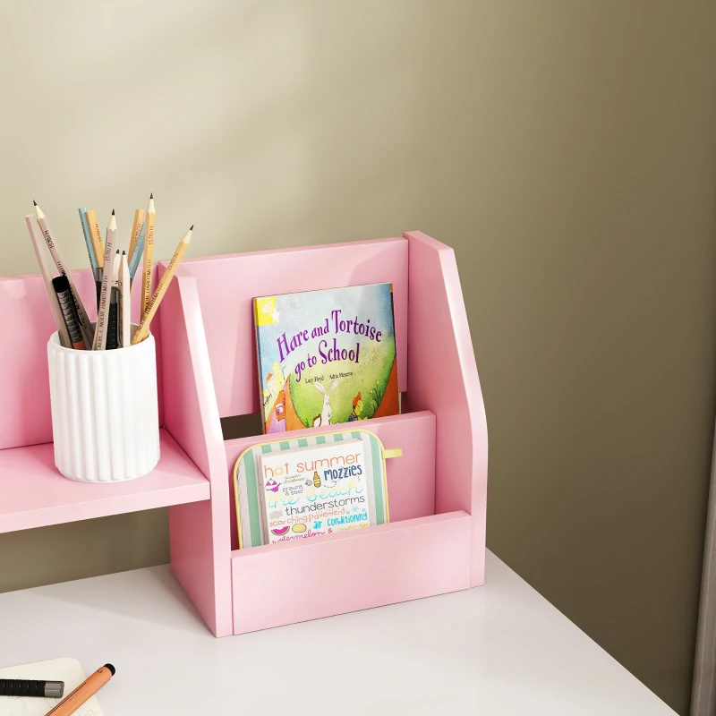 ZONEKIZ Scrivania per bambini con sedia ergonomica con piano scorrevole, cassetto, nicchie e mensole aperte 90 x 45 x 90 cm rosa