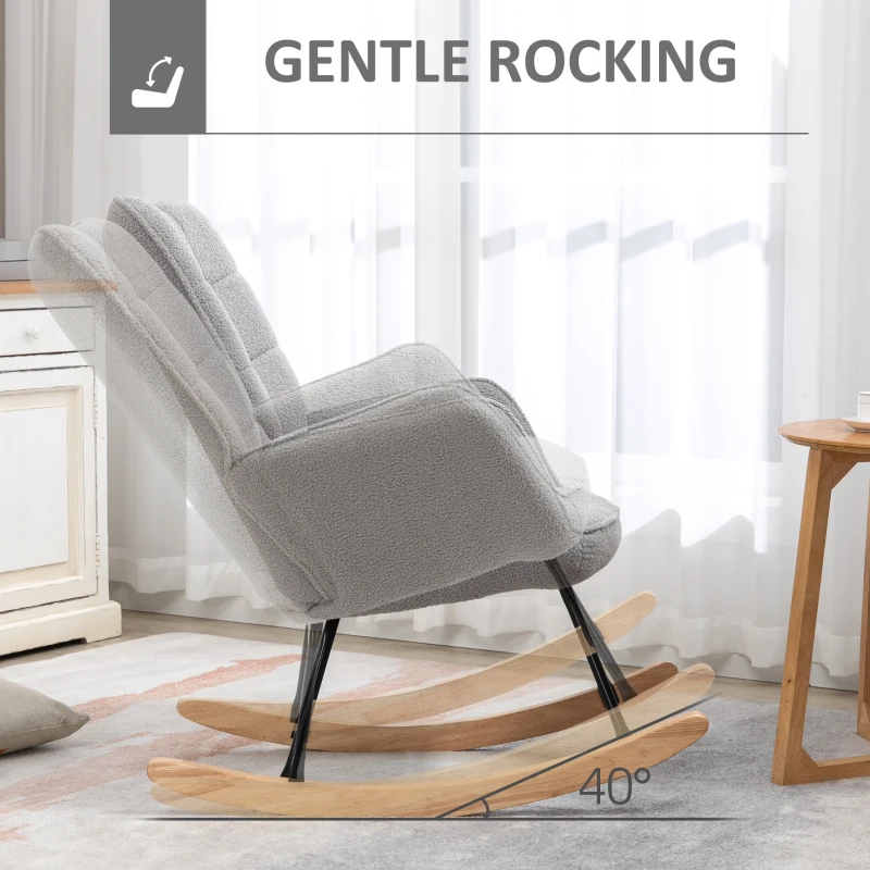 HOMCOM Accent Rocking Chair, Berber Fleece Nursery Glider Rocker, Modern Armchair, Wingback Chair for Living Room and Bedroom, Grey(m-4)