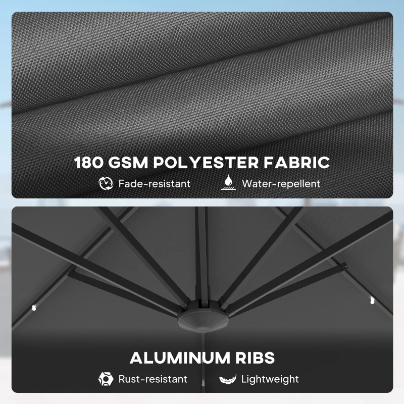 Outsunny 3(m) Cantilever Roma Parasol Patio Sun Umbrella with Crank & Tilt LED Solar Light Cross Base 360° Rotating Outdoor, Dark Grey