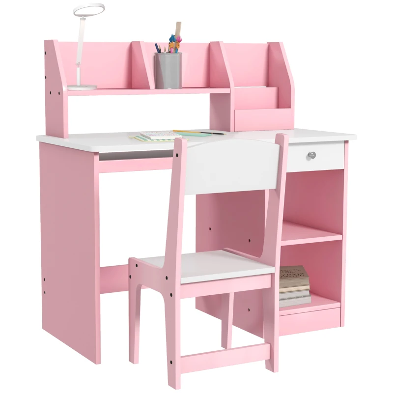 ZONEKIZ Escritorio para niños con silla ergonómica con teclado deslizante, cajón, nichos y estantes abiertos 90 x 45 x 90 cm rosa