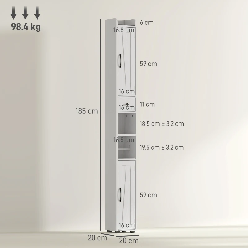 HOMCOM Mobiletto da bagno alto a colonna con 2 ante, cassetto e ripiani regolabili, 20x20x185 cm, Bianco
