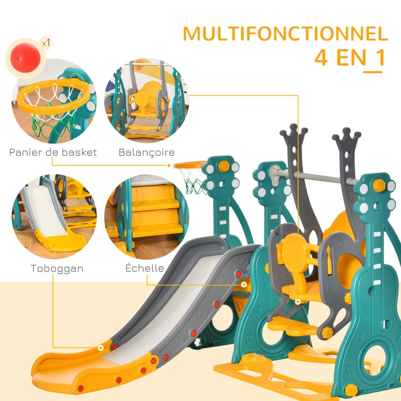 HOMCOM Toboggan et balançoire pour enfants 4 en 1 avec panier de basket, siège réglable, 152x149x107cm, bleu et jaune(m-4)