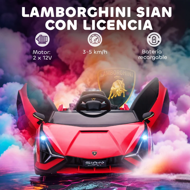 HOMCOM Coche Eléctrico para Niños de +3 Años Lamborghini SIAN Coche de Batería 12V con Mando a Distancia Apertura de Puerta Música MP3 USB y Faros 3-5 km/h 108x62x40 cm Rojo(m-4)