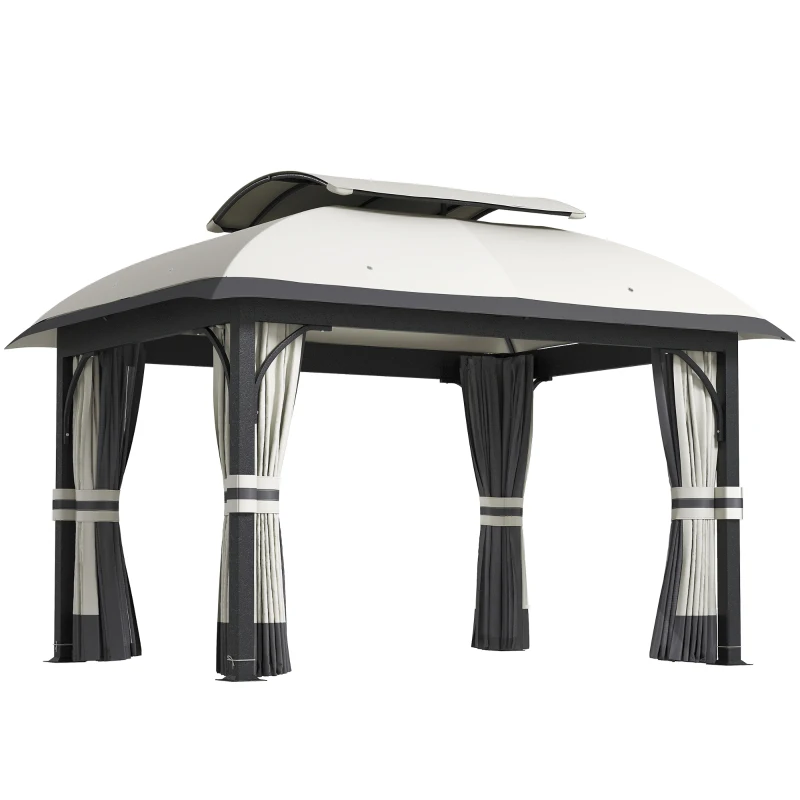 Outsunny Gazebo da Giardino 4x3 m con Zanzariere e Doppio Tetto, in Metallo e Poliestere Grigio Chiaro