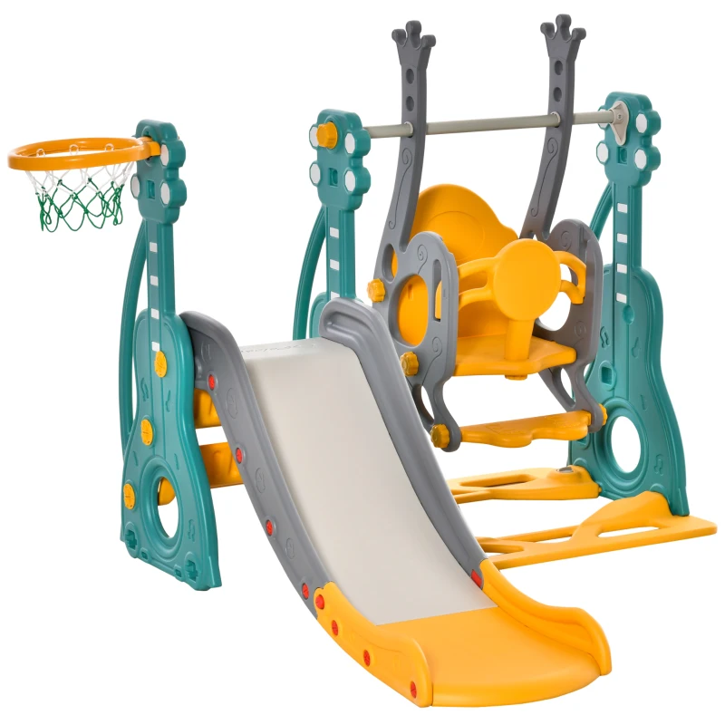 HOMCOM Toboggan et balançoire pour enfants 4 en 1 avec panier de basket, siège réglable, 152x149x107cm, bleu et jaune
