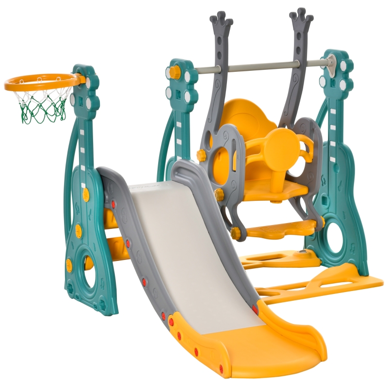 HOMCOM Toboggan Et Balançoire 4 En 1 Pour Enfants - Avec Panier De Basket, Siège Réglable, Pour Intérieur Et Extérieur