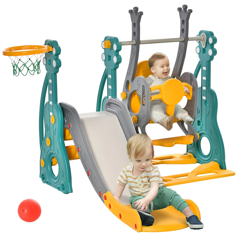 HOMCOM Toboggan et balançoire pour enfants 4 en 1 avec panier de basket, siège réglable, 152x149x107cm, bleu et jaune(m-10)