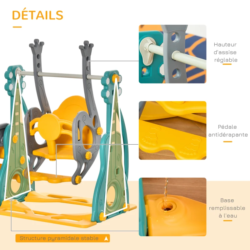 HOMCOM Toboggan et balançoire pour enfants 4 en 1 avec panier de basket, siège réglable, 152x149x107cm, bleu et jaune(m-7)