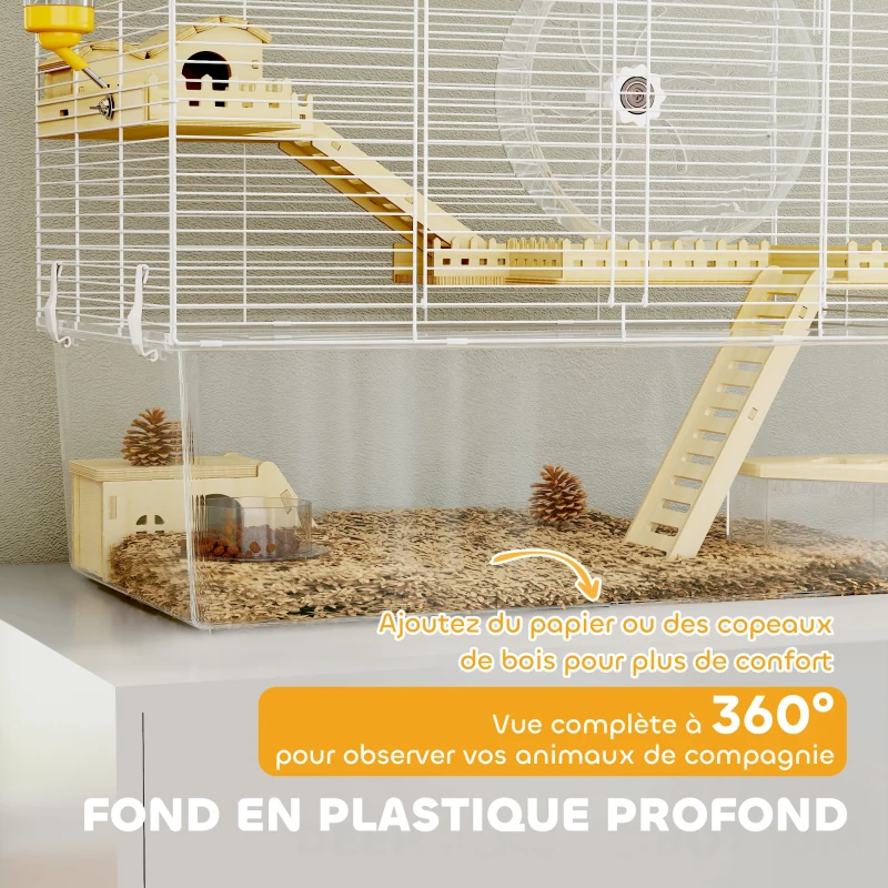 PawHut Cage à hamster à 3 niveaux, cage rongeur avec roue d'exercice, plateau profond transparent, 59 x 35,5 x 47 cm, blanc