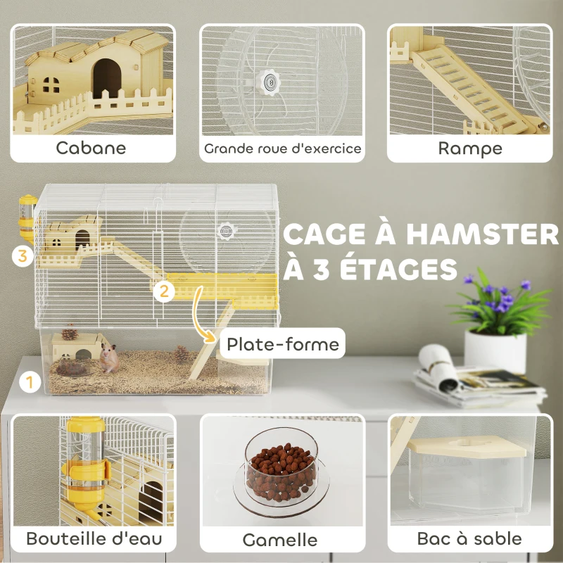 PawHut Cage à hamster à 3 niveaux, cage rongeur avec roue d'exercice, plateau profond transparent, 59 x 35,5 x 47 cm, blanc