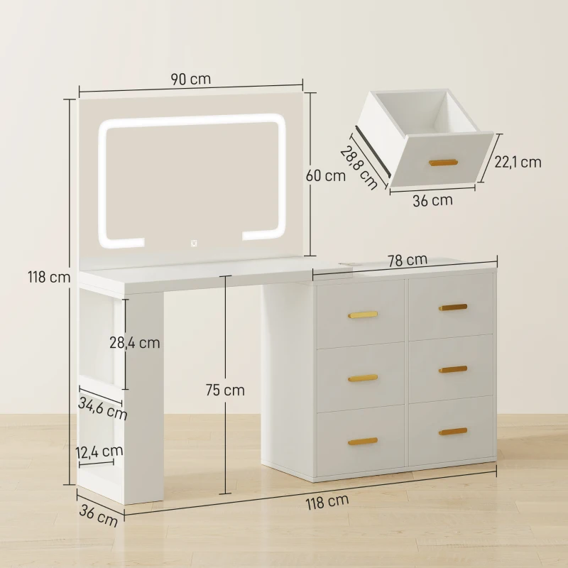 HOMCOM Coiffeuse de Chambre avec Miroir et Lumières LED Réglables, 6 Tiroirs, 2 Étagères et Prises Électriques, Blanc