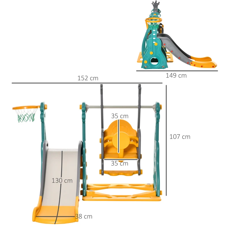 HOMCOM Toboggan et balançoire pour enfants 4 en 1 avec panier de basket, siège réglable, 152x149x107cm, bleu et jaune(m-3)