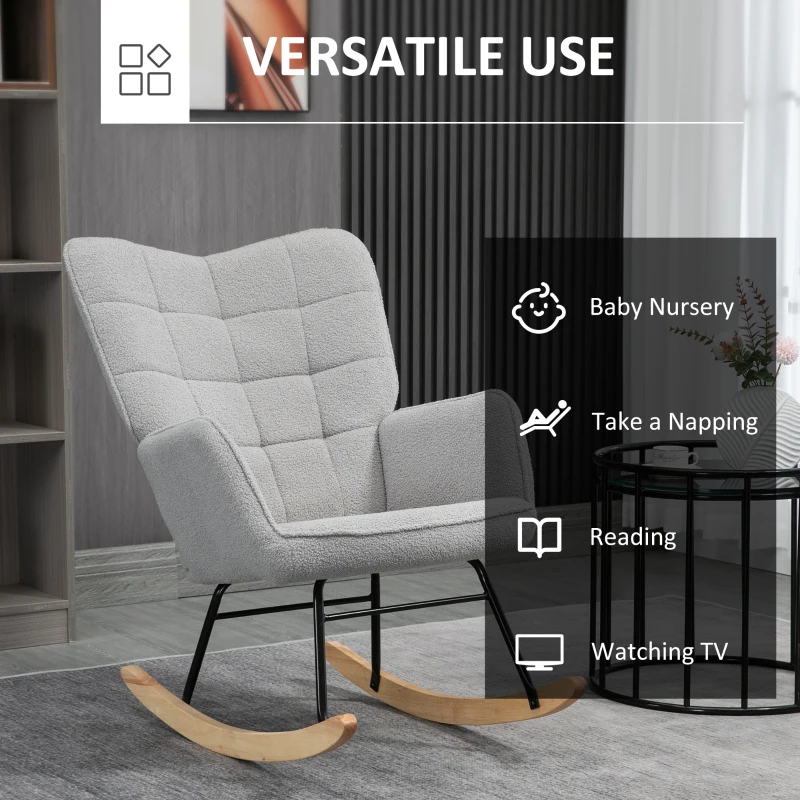 HOMCOM Accent Rocking Chair, Berber Fleece Nursery Glider Rocker, Modern Armchair, Wingback Chair for Living Room and Bedroom, Grey(m-6)