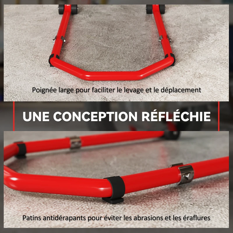HOMCOM Béquille roue avant arrière charge 390kg béquille d'atelier moto bras réglable en acier, fourche en forme de U + L rouge