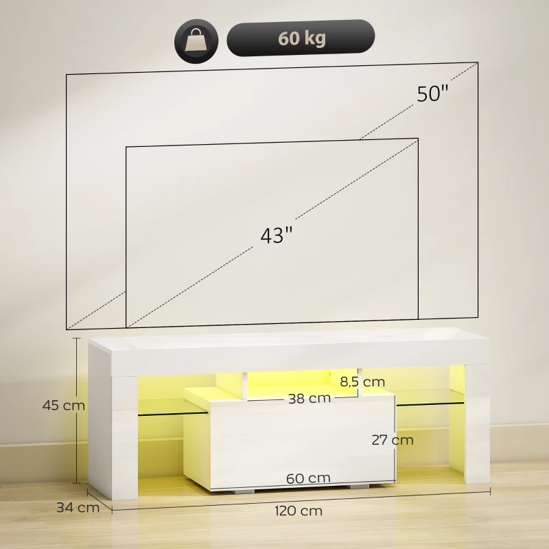 HOMCOM TV-Möbel, TV-Ständer mit RGB-LED-Beleuchtung, Hochglanz, gehärtete Glasregale, 120x34x45cm, Weiß