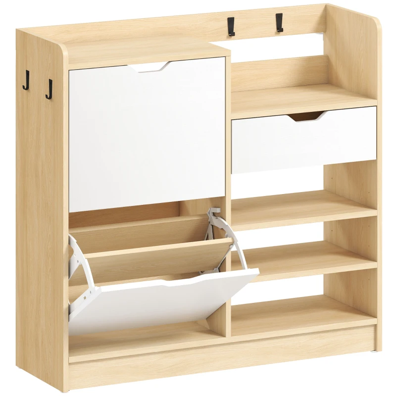 HOMCOM Sapateira Estreita com Prateleiras Ajustáveis Gaveta e 4 Ganchos para 14 Pares de Sapatos 93x30x90 cm Madeira e Branco